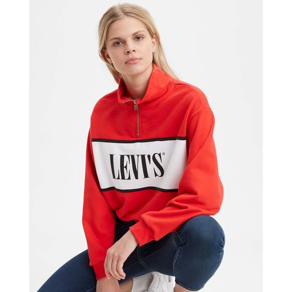 LEVI'S Half Zip Logo Sweatshirt Pullover Red Mock Neck Long Sleeve Women's M - Picture 5 of 12
